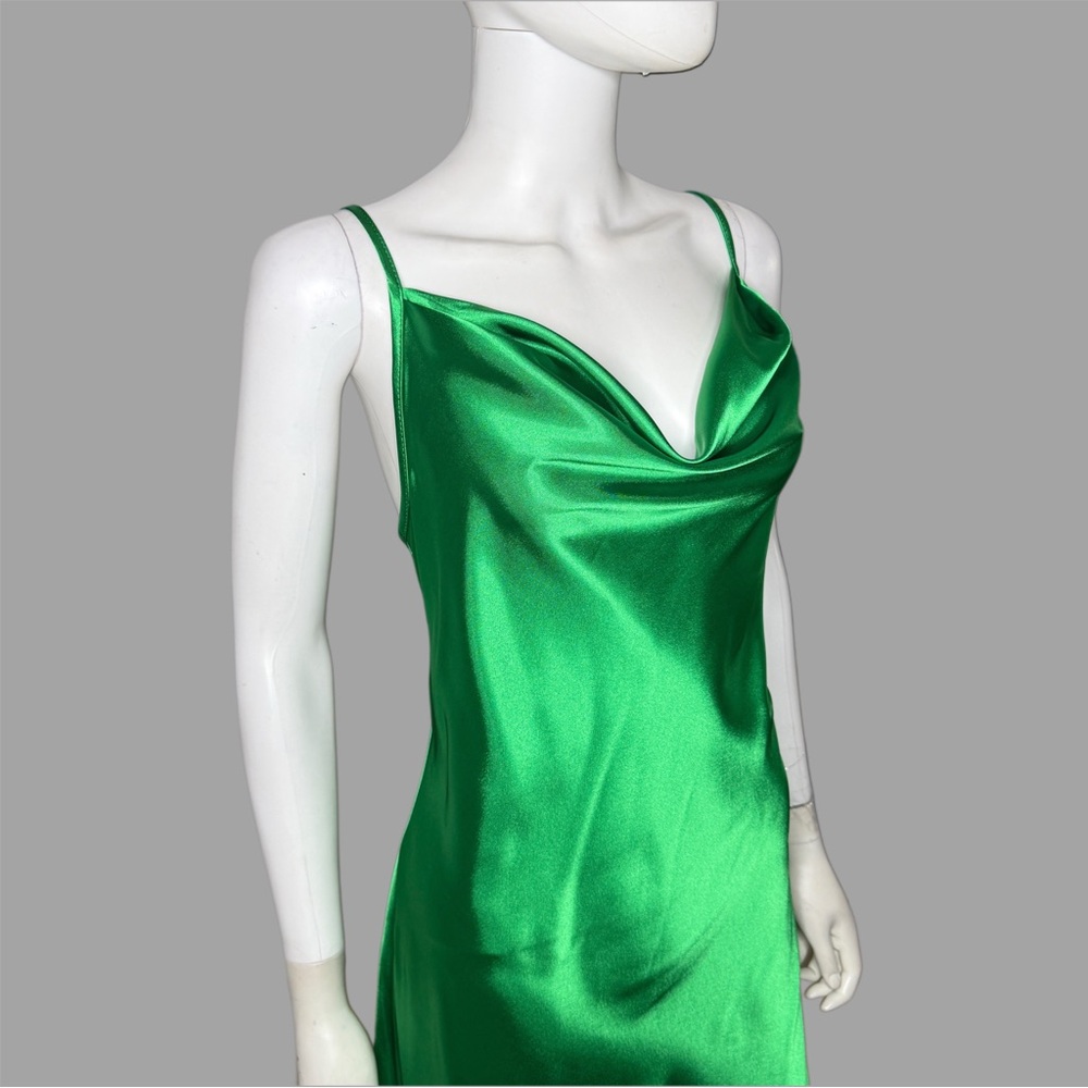 bebe Emerald Green Asymmetric Satin Slinky Slip Dress - Picture 5 of 7